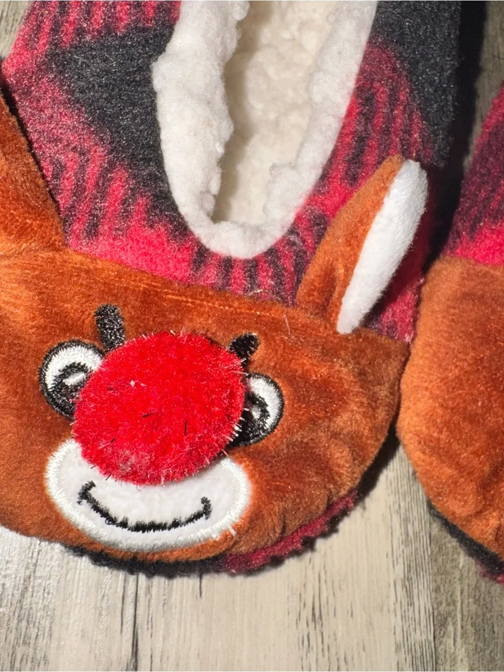 Kids Plush Reindeer Slipper Shoes - Red Plaid